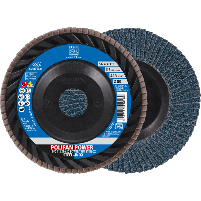 PFERD  Ściernica listkowa POLIFAN POWER PFC 115 x 22,23 mm stożkowa Z80 linia wydajna SG TRIM STEELOX do stali/stali szlachetnej
