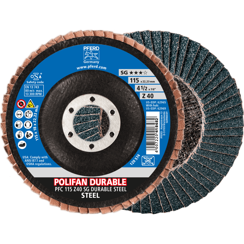 PFERD  Ściernica listkowa POLIFAN POWER PFC 115 x 22,23 mm stożkowa Z40 linia wydajna SG DURABLE STEEL do stali