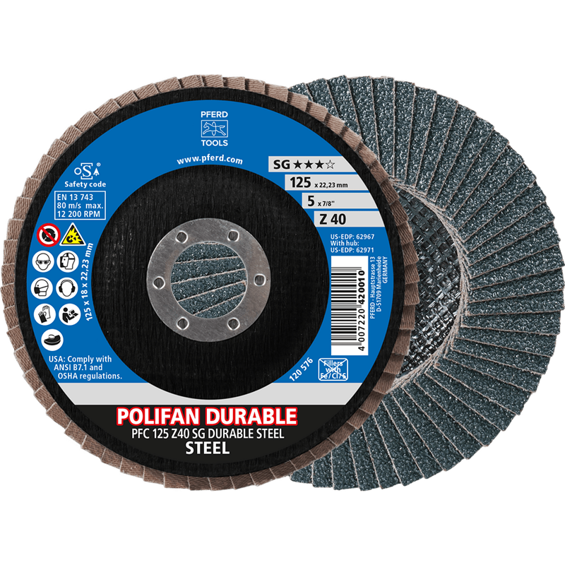 PFERD  Ściernica listkowa POLIFAN POWER PFC 125 x 22,23 mm stożkowa Z40 linia wydajna SG DURABLE STEEL do stali