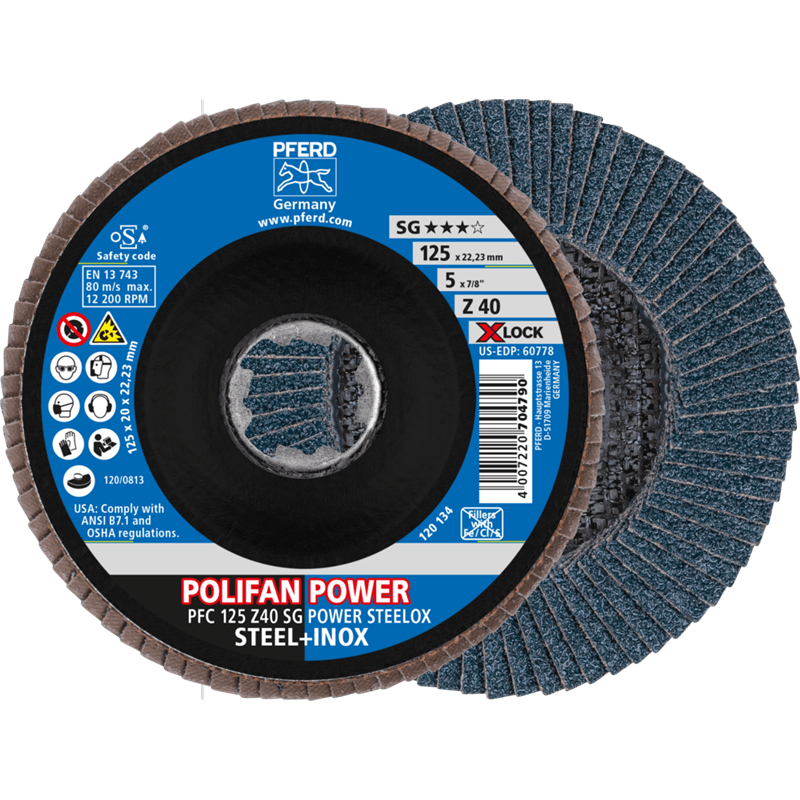 PFERD  Ściernica listkowa POLIFAN POWER PFC 125 mm X-LOCK stożkowa Z40 SG STEELOX stal/stal nierdzewna
