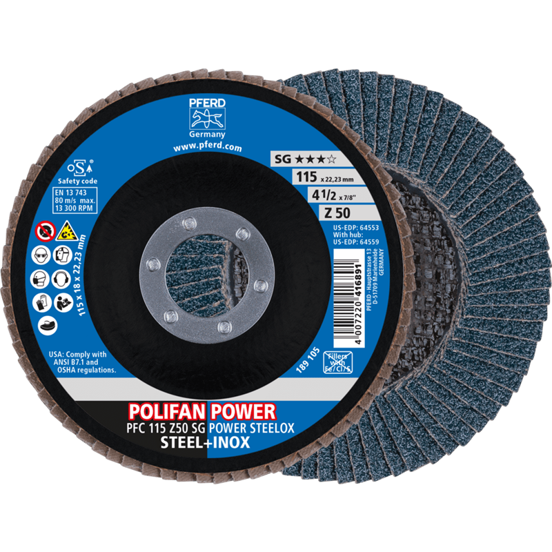 PFERD  Ściernica listkowa POLIFAN POWER PFC 115 x 22,23 mm stożkowa Z50 linia wydajna SG STEELOX do stali/stali szlachetnej