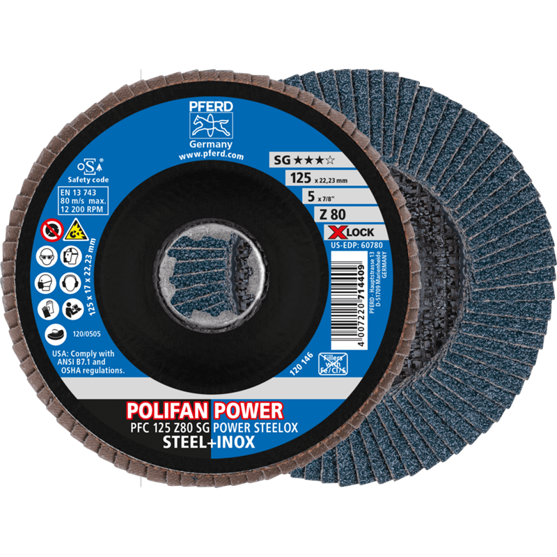 PFERD  Ściernica listkowa POLIFAN POWER PFC 125 mm X-LOCK stożkowa Z80 SG STEELOX stal/stal nierdzewna