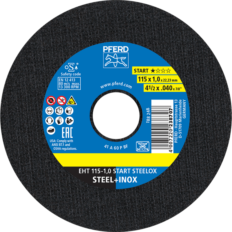 PFERD  Ściernica tarczowa do cięcia EHT 115 x 1,0 x 22,23 mm prosta BOX STEELOX do stali/stali szlachetnej