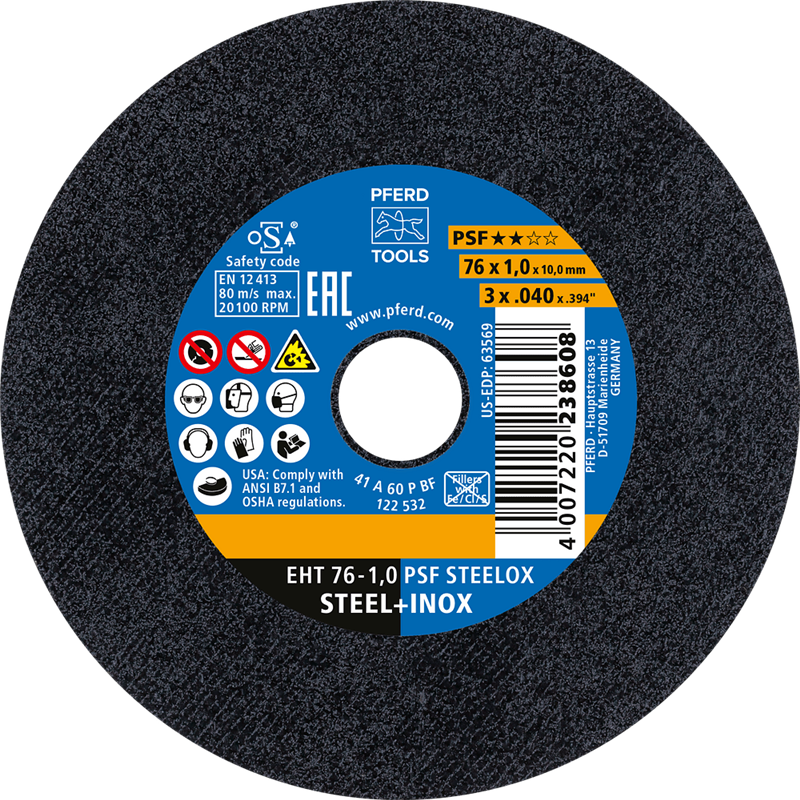 PFERD  Mała ściernica tarczowa do cięcia EHT 76 x 1,0 x 10 mm prosta linia uniwersalna PSF STEELOX do stali/stali szlachetnej (1