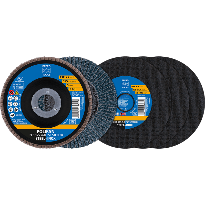 PFERD  Zestaw tarcz tnących/ściernic listkowych 125 Linia uniwersalna PSF STEELOX EHT 1,0/PFC Z60 do stali/stali szlachetnej