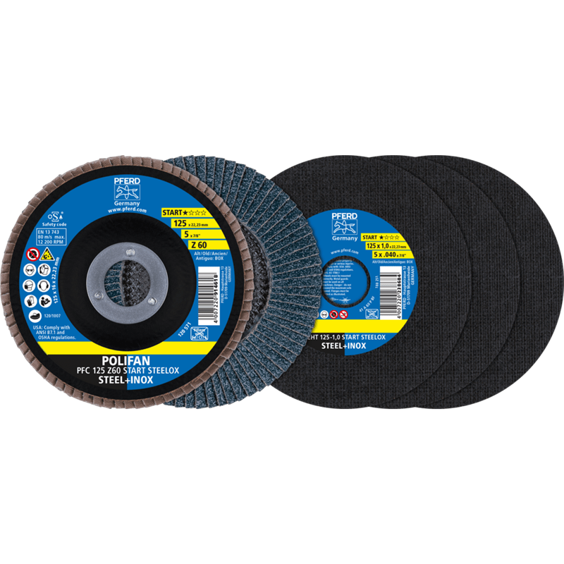 PFERD  Zestaw tarcz tnących/ściernic listkowych 125 Linia Start START STEELOX EHT 1,0/PFC Z60 do stali/stali szlachetnej
