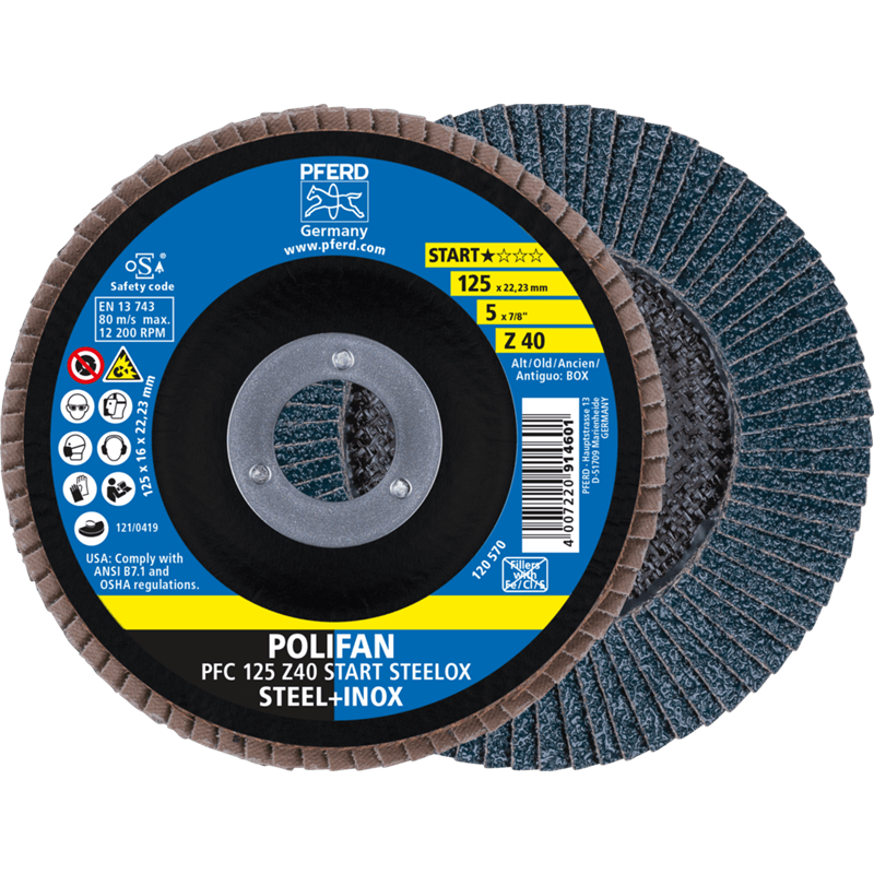 PFERD  Ściernica listkowa POLIFAN PFC 125 x 22,23 mm stożkowa Z40 linia startowa START STEELOX stal/stal nierdzewna