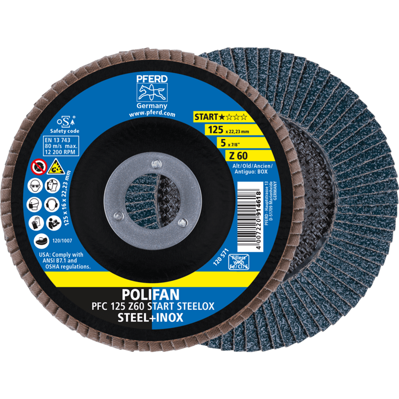 PFERD  Ściernica listkowa POLIFAN PFC 125 x 22,23 mm stożkowa Z60 linia startowa START STEELOX stal/stal nierdzewna