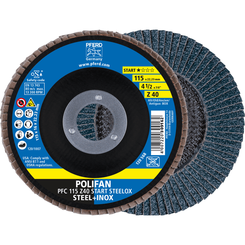 PFERD  Ściernica listkowa POLIFAN PFC 115 x 22,23 mm stożkowa Z40 linia startowa START STEELOX stal/stal nierdzewna