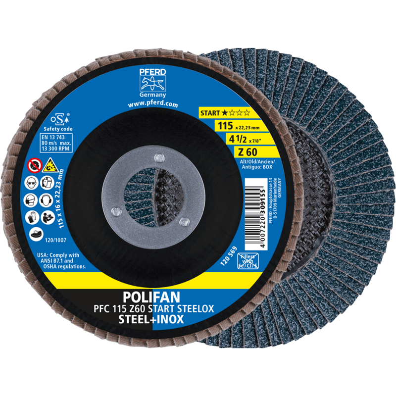 PFERD  Ściernica listkowa POLIFAN PFC 115 x 22,23 mm stożkowa Z60 linia startowa START STEELOX stal/stal nierdzewna