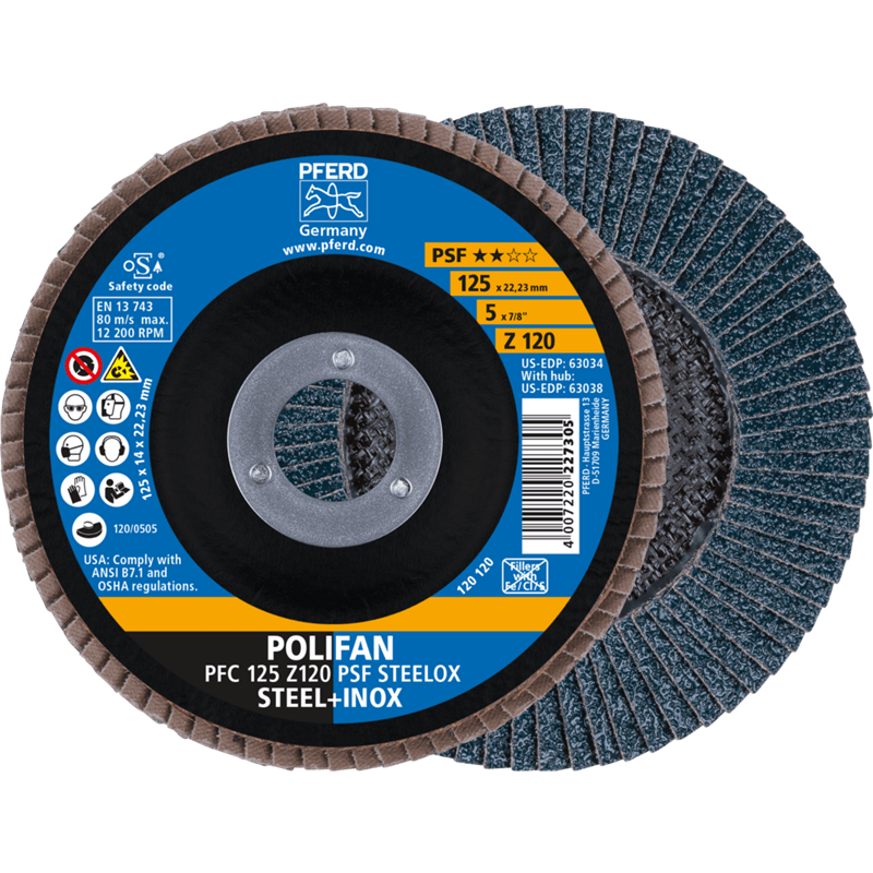 PFERD  Ściernica listkowa POLIFAN PFC 125 x 22,23 mm stożkowa Z120 linia uniwersalna PSF STEELOX stal/stal nierdzewna